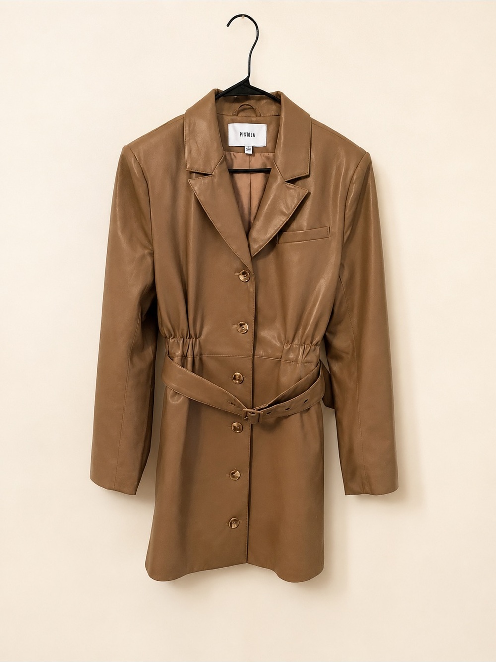 PISTOLA Romina Belted Faux Leather Blazer Dress Taupe M